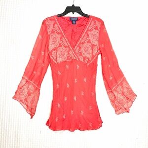 Forenza Y2K Women’s 100% Silk Top Size 10 V-Neck Flare Sheer Sleeve Babydoll
